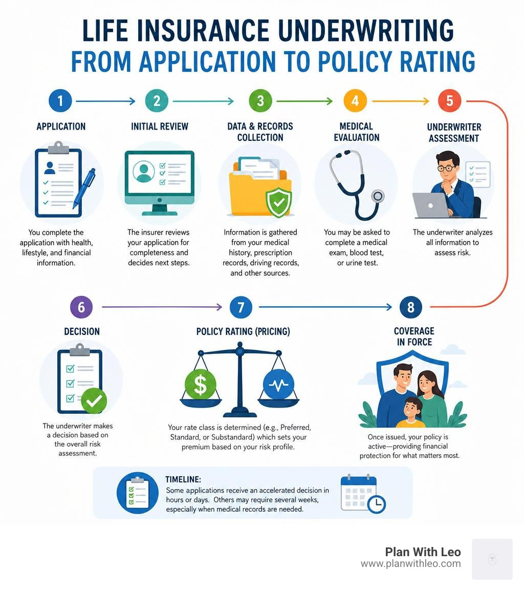 Life insurance underwriting process from application to policy rating infographic Life insurance underwriting process from application to policy rating infographic
