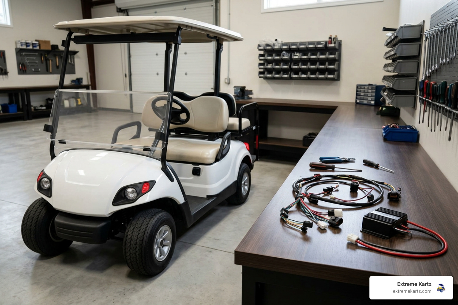 Golf cart light kit components and wiring prepared for installation beside a single golf cart Golf cart light kit components and wiring prepared for installation beside a single golf cart