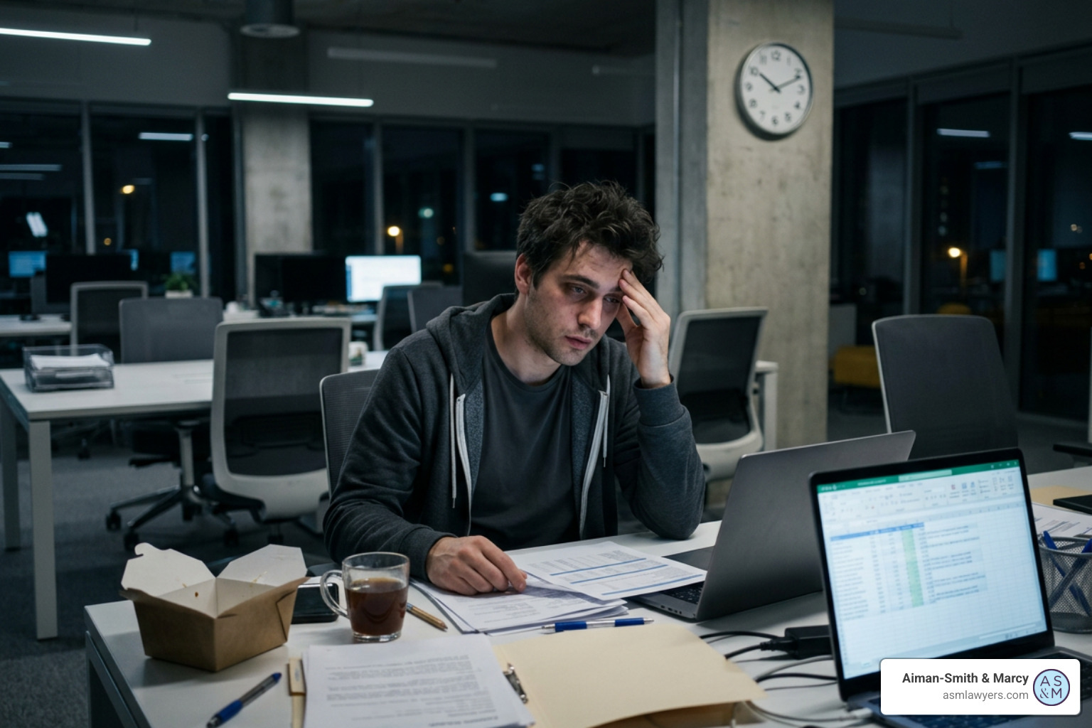 overworked employee at workstation