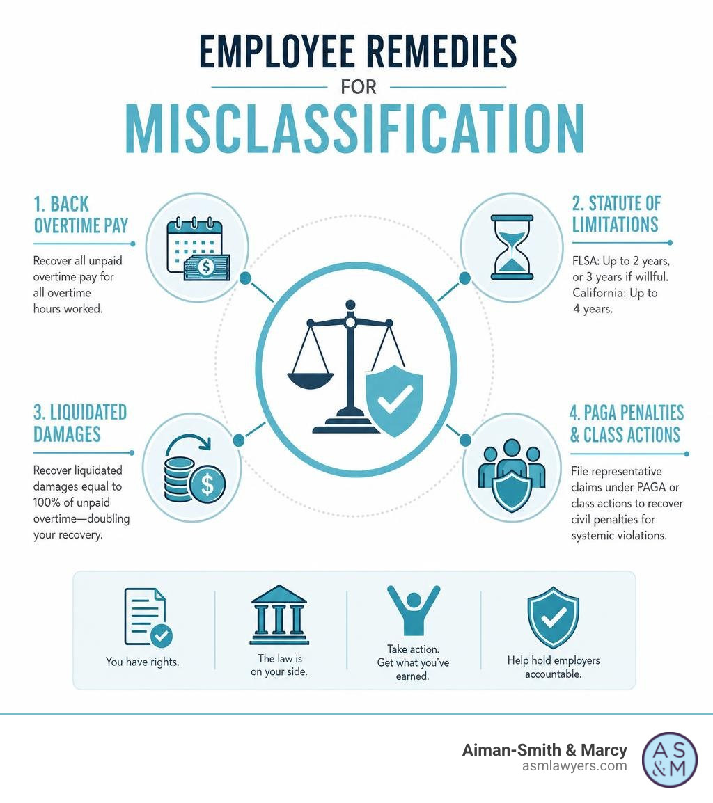 infographic showing employee remedies for misclassification infographic
