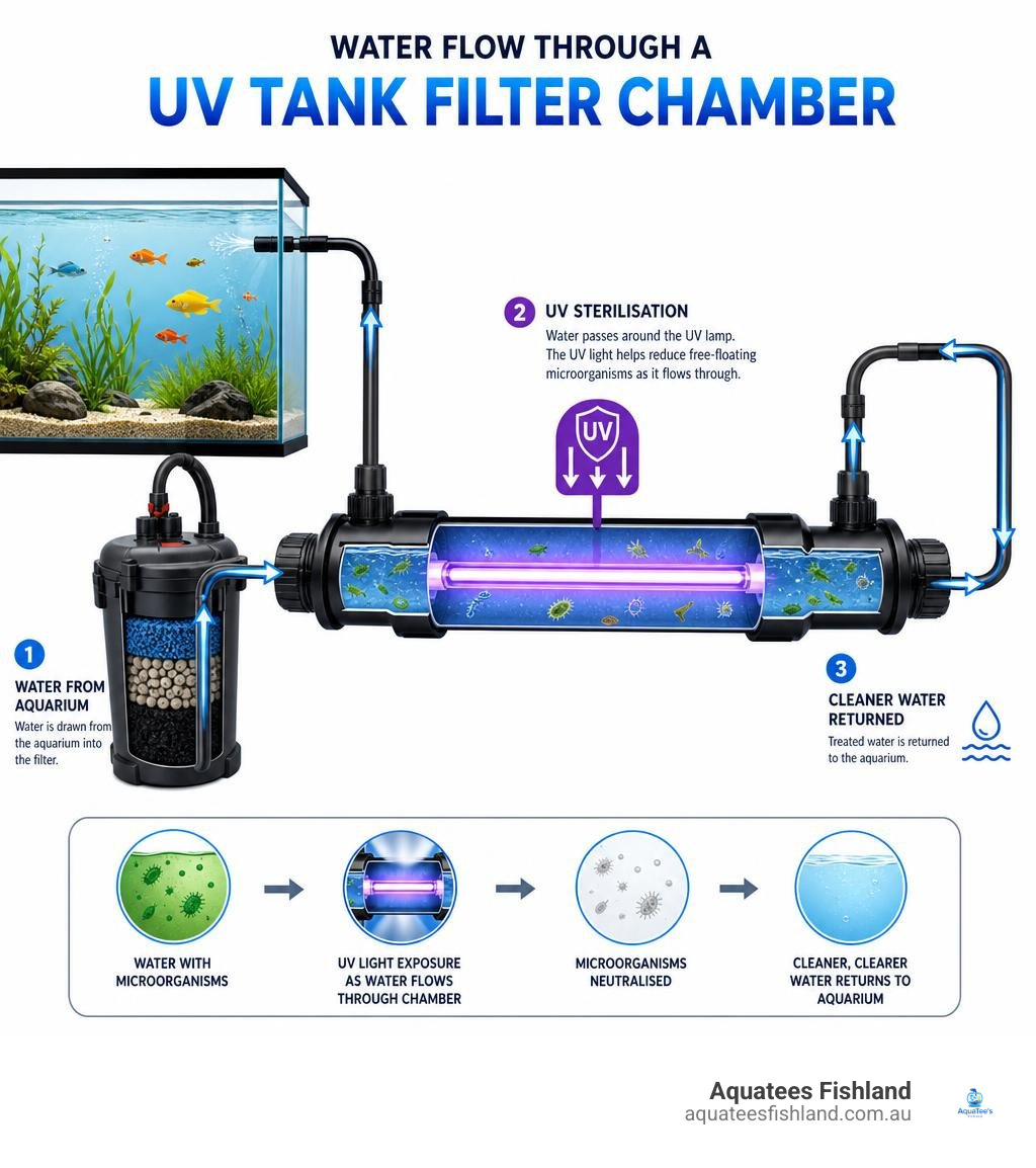 Infographic showing water flow through a UV tank filter chamber in a home aquarium setup infographic