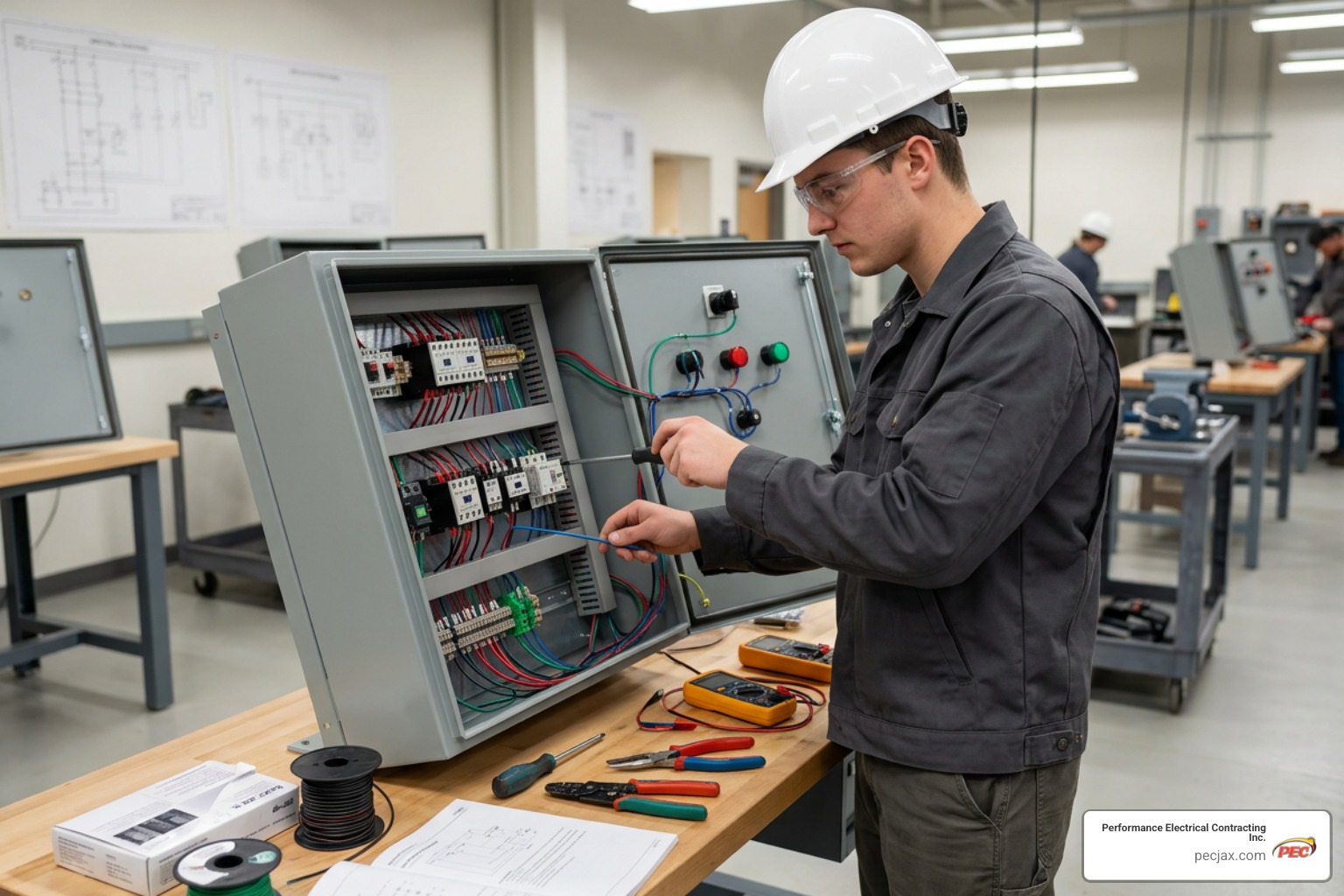 electrical student wiring motor controls in technical lab
