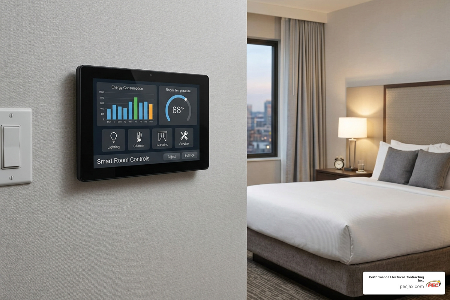 Smart energy management system control panel in a hotel guest room