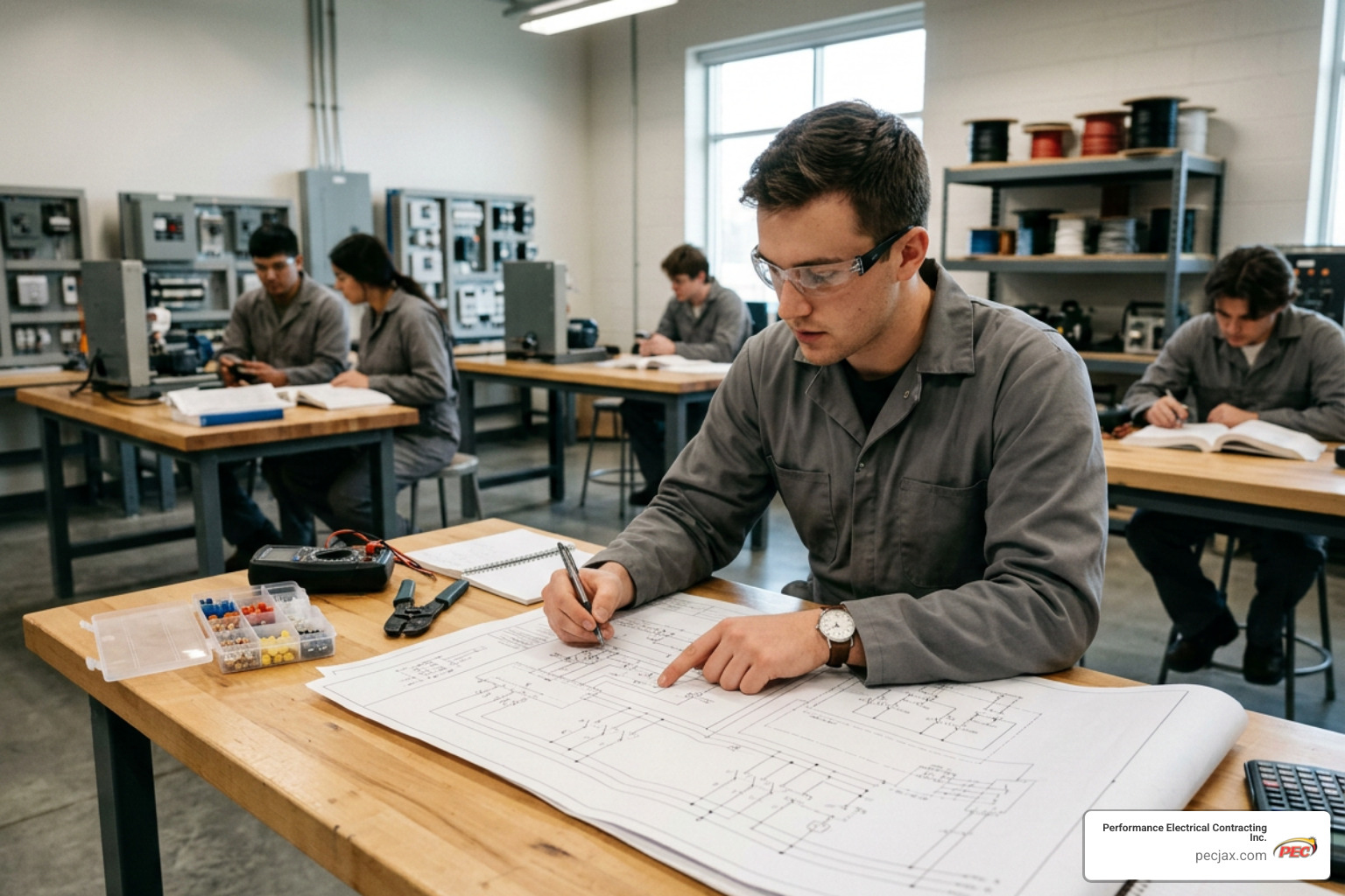 electrical maintenance student reviewing schematic blueprints