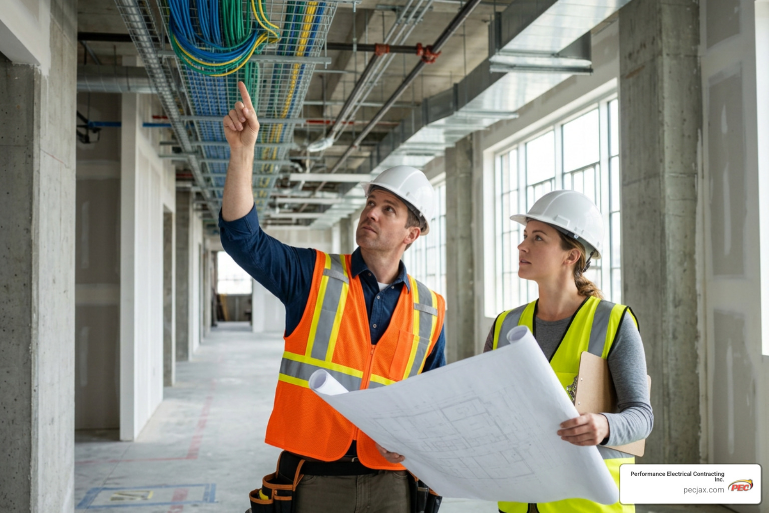 technicians conducting a site walk with building blueprints technicians conducting a site walk with building blueprints