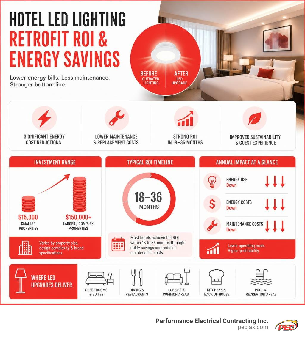 Detailed breakdown of hotel LED lighting retrofit ROI and energy cost savings infographic