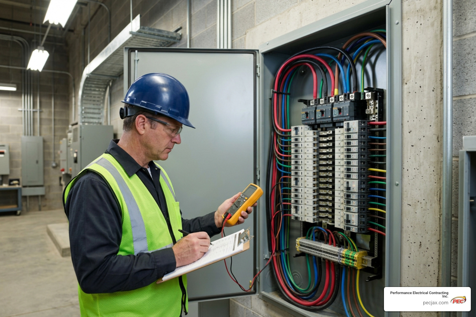 master electrician inspecting commercial distribution panel