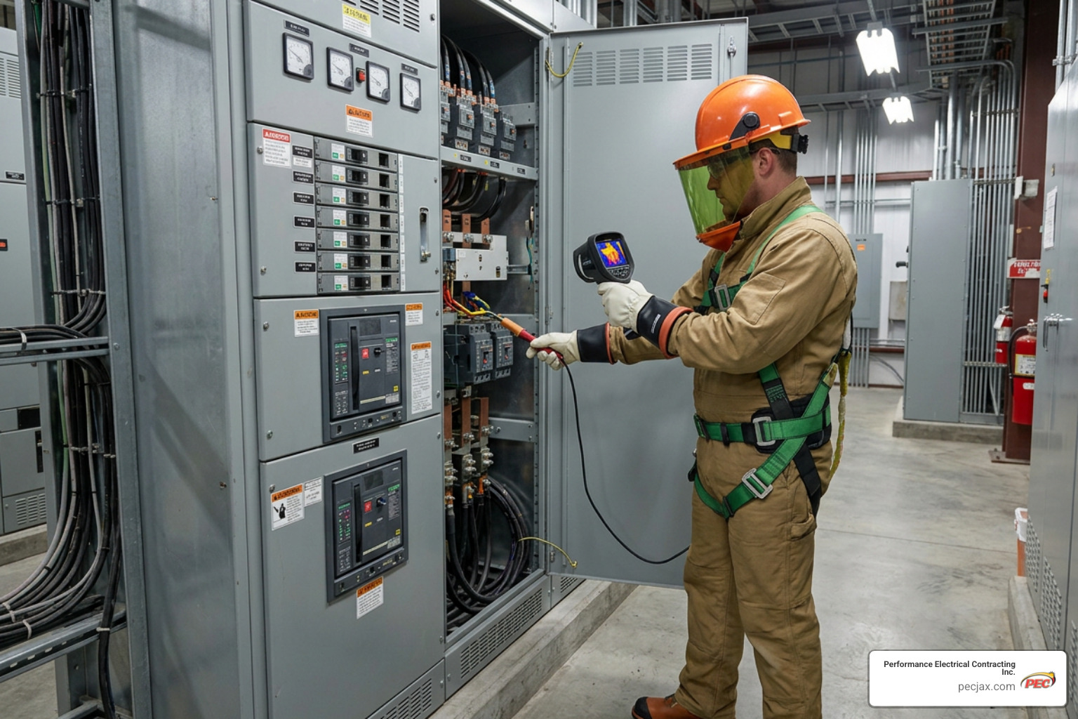 high-voltage technician conducting infrared thermography on switchgear