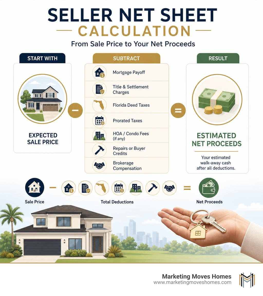Seller net sheet calculation showing sale price deductions and estimated net proceeds infographic