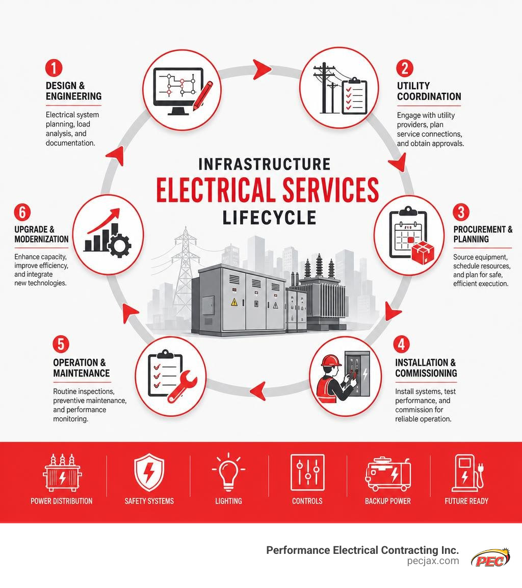 Infrastructure electrical services lifecycle from design and utility coordination to maintenance infographic