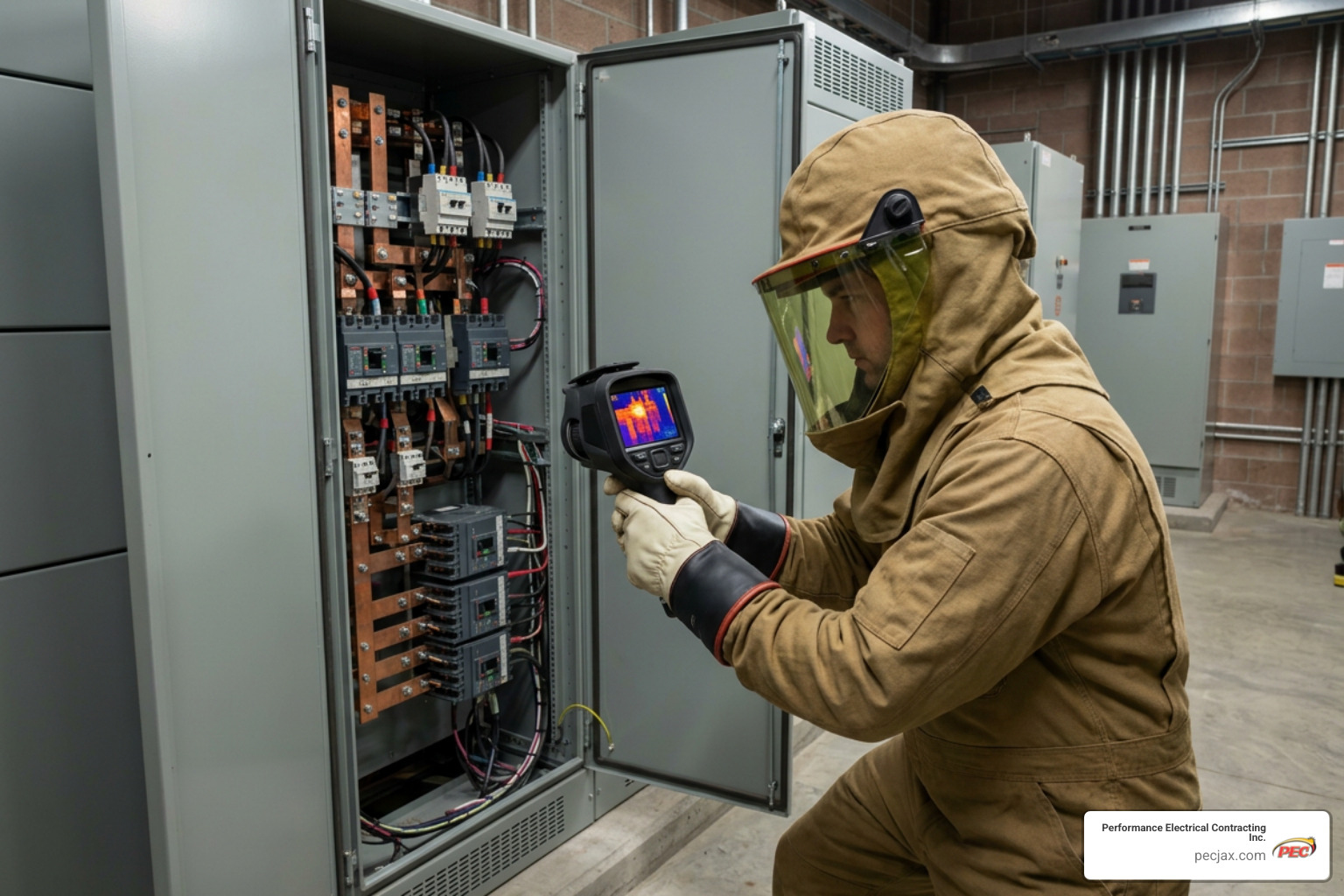 Commercial electrician in full safety gear performing a thermal scan on switchgear