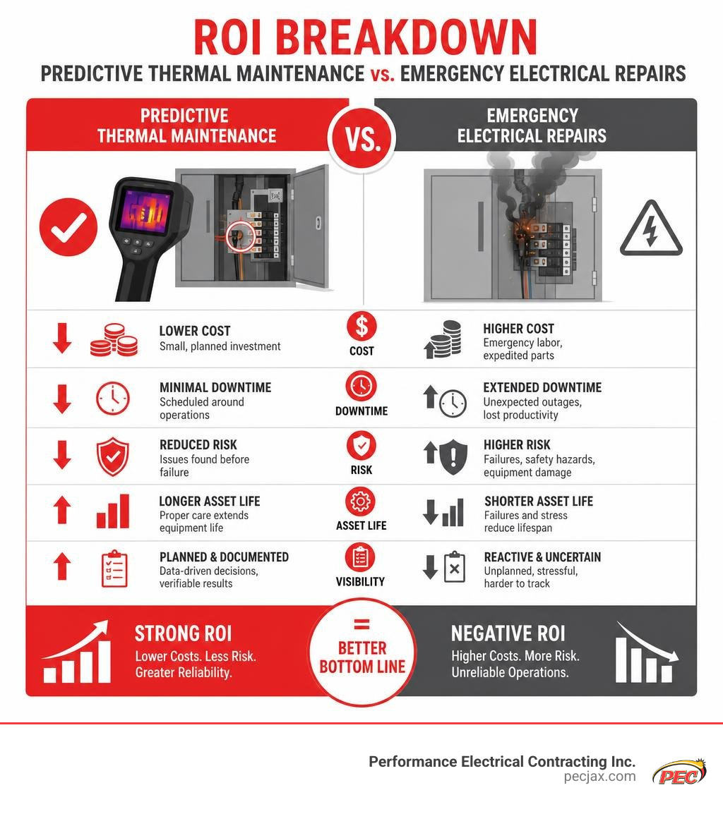 Infographic showing the ROI breakdown of predictive thermal maintenance versus emergency electrical repairs infographic