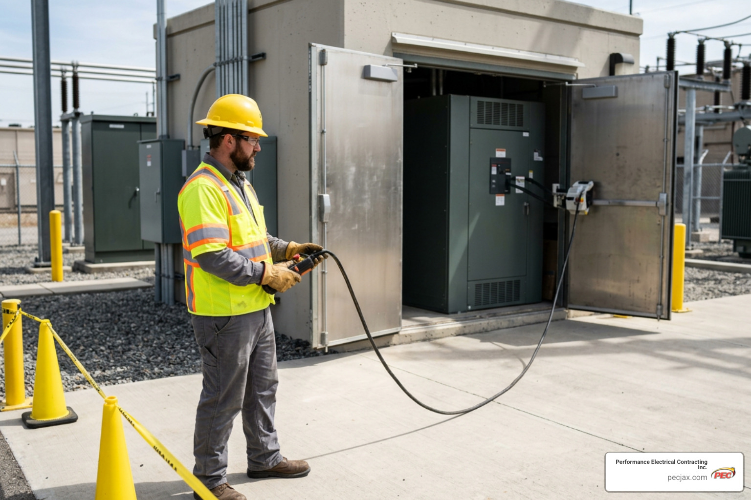 worker using remote racking actuator outside arc flash boundary