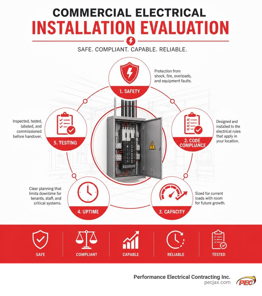 Commercial electrical installation evaluation: safety, code compliance, capacity, uptime, and testing infographic