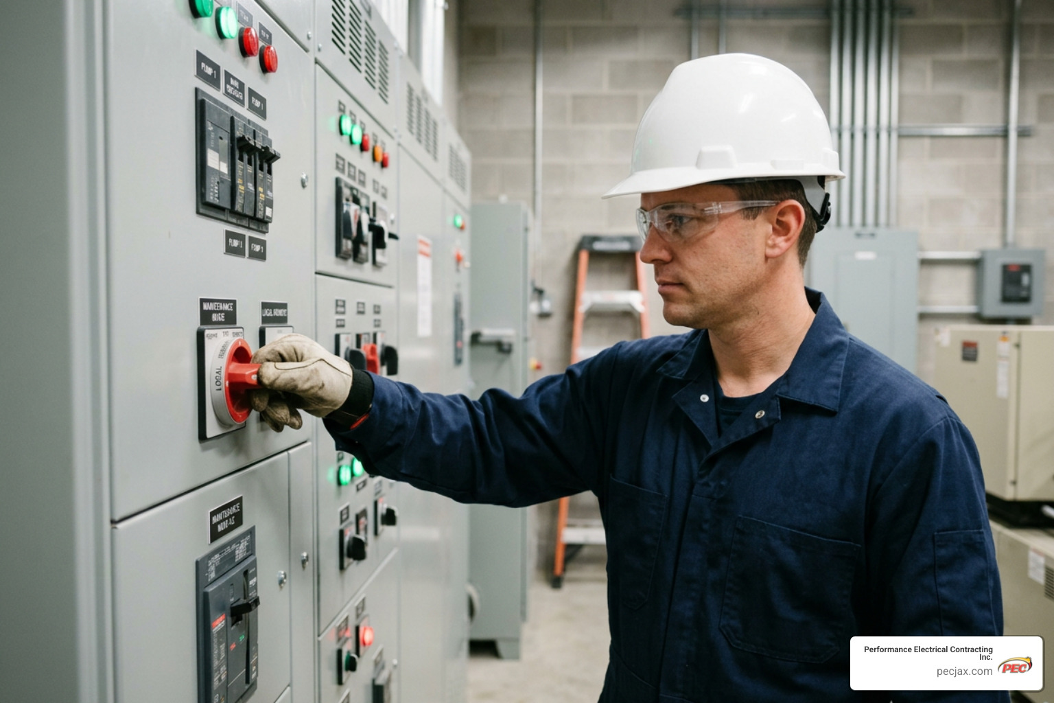 technician operating maintenance mode switch on electrical panel