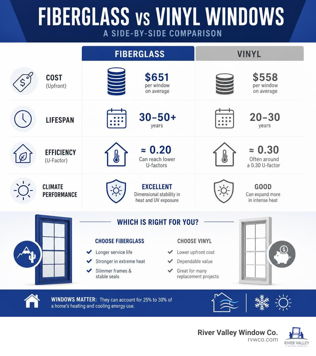 Fiberglass and vinyl window comparison for cost, lifespan, efficiency, and climate performance infographic Fiberglass and vinyl window comparison for cost, lifespan, efficiency, and climate performance infographic