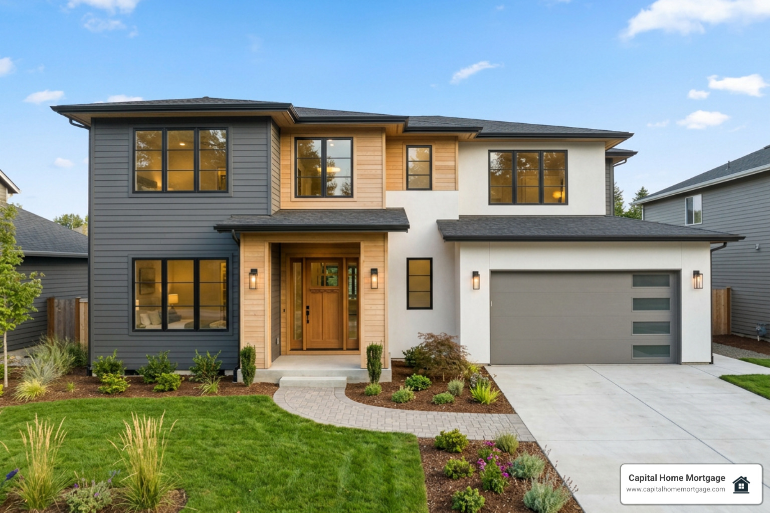 Completed modern house exterior built using custom home financing