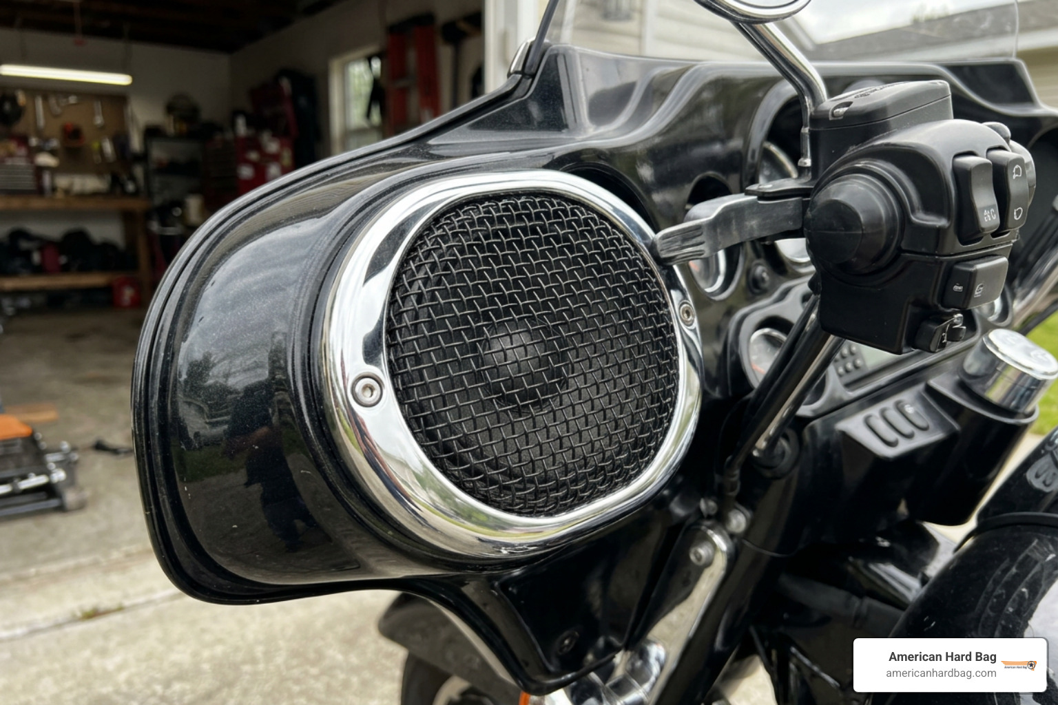 Custom motorcycle speaker grills on a Harley fairing