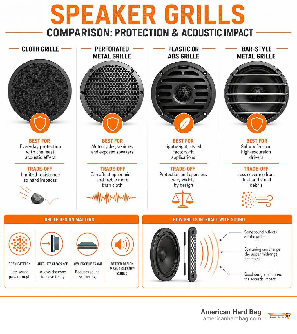 Speaker grills comparison: cloth, metal, plastic protection and acoustic impact infographic
