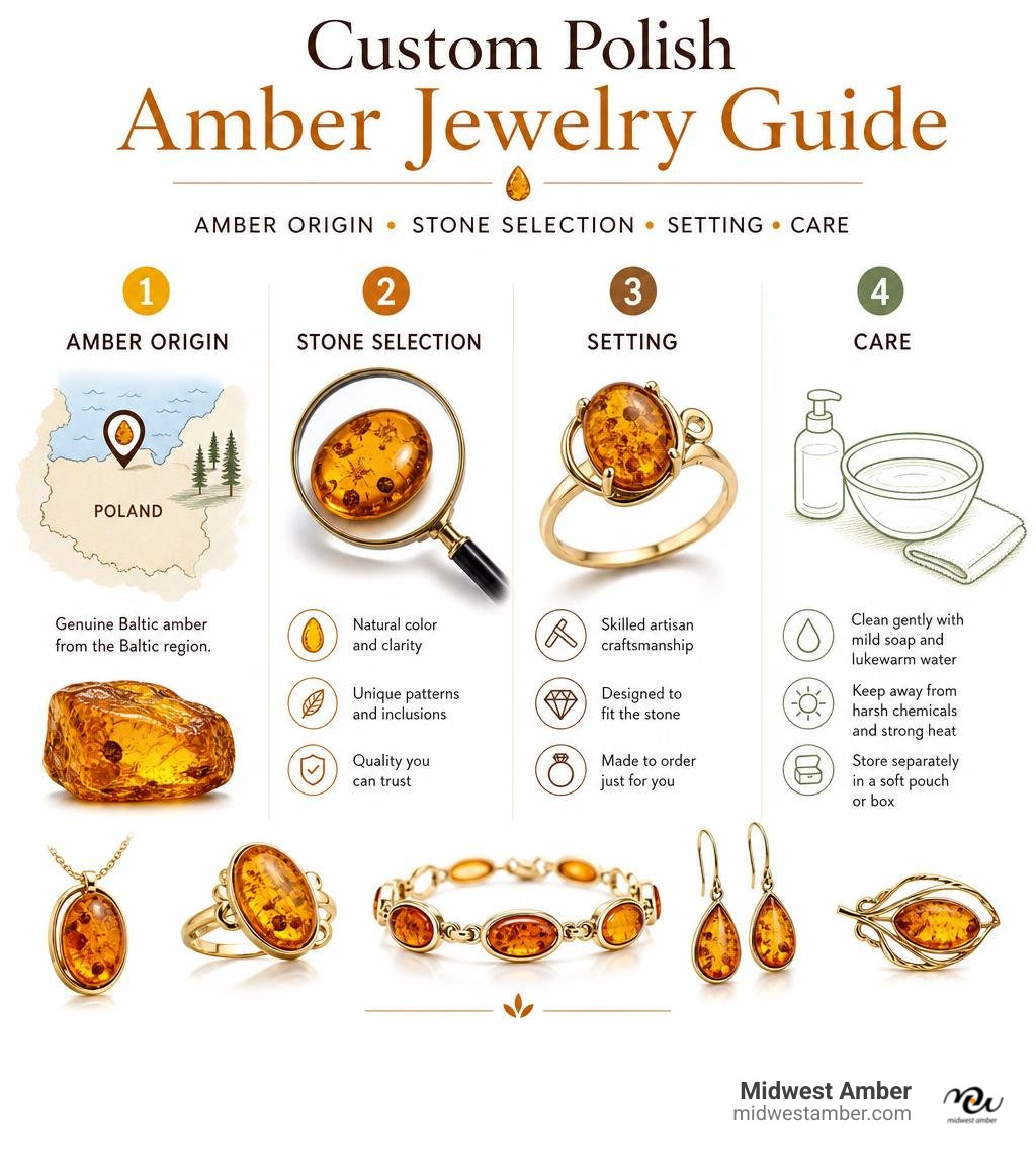 Custom Polish amber jewelry guide: amber origin, stone selection, setting, and care infographic