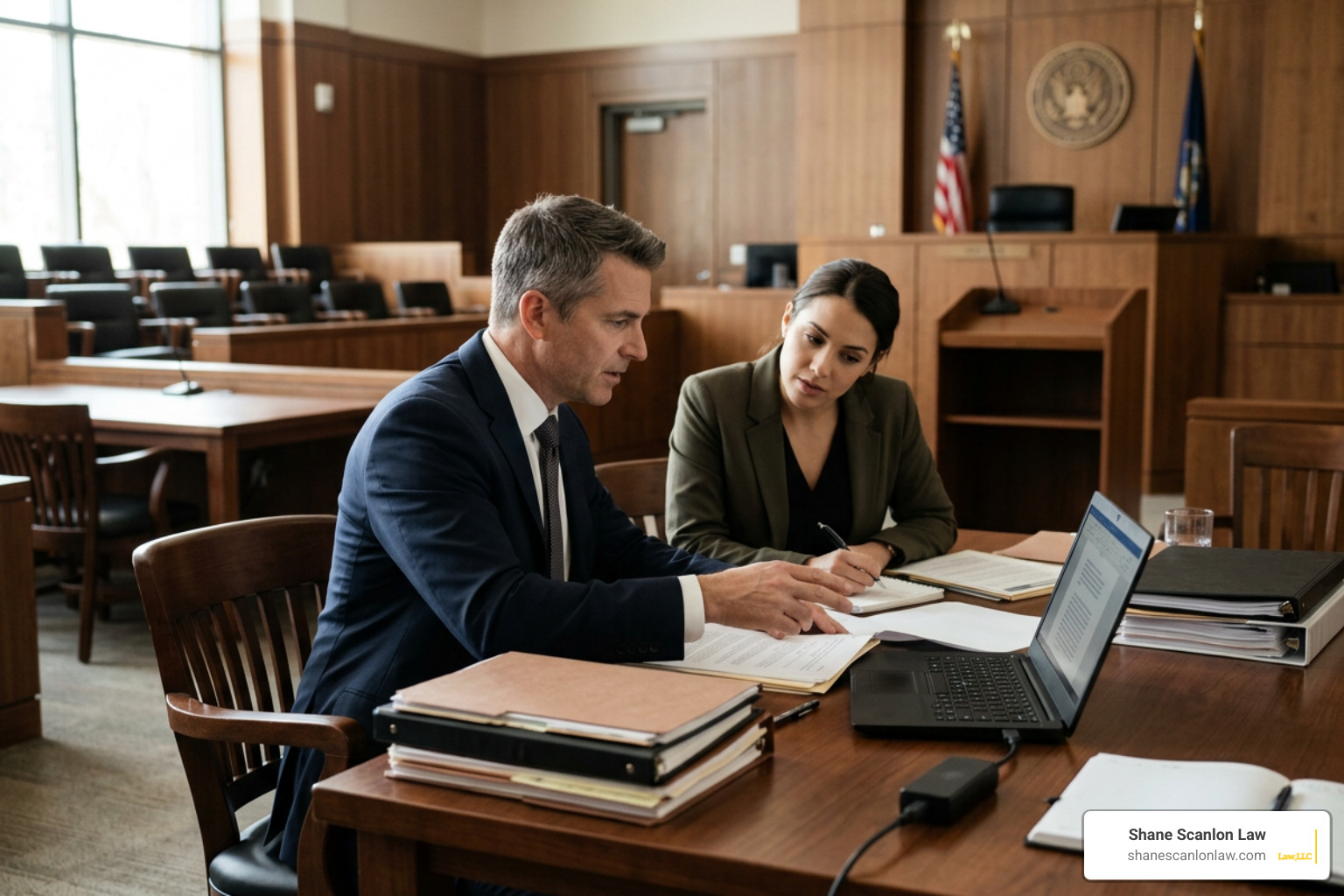 Courtroom defense strategy meeting Courtroom defense strategy meeting