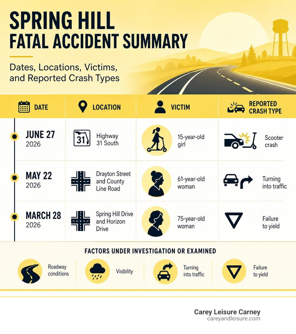 Spring Hill fatal accident summary: dates, locations, victims, and reported crash types infographic