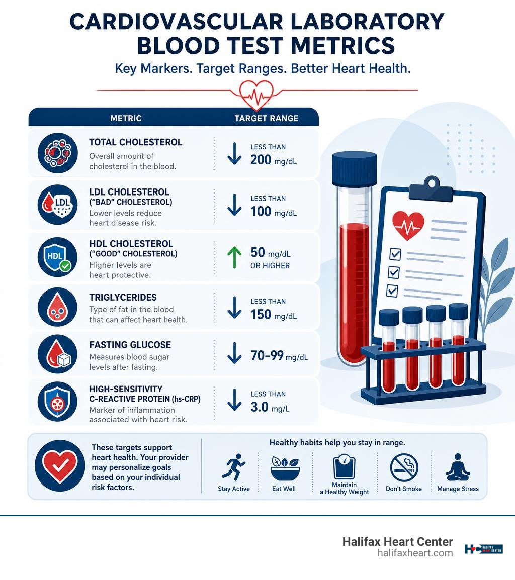 Cardiovascular laboratory blood test metrics and target ranges infographic Cardiovascular laboratory blood test metrics and target ranges infographic