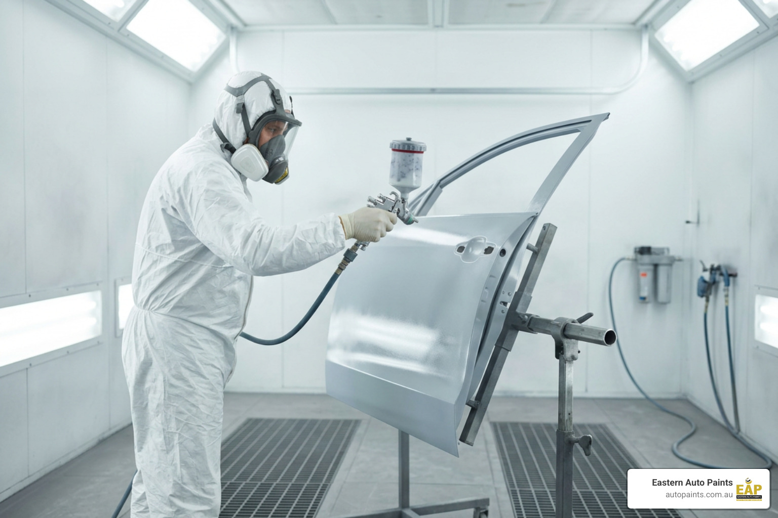 Spraying a high-build 2K acrylic primer surfacer onto an automotive body panel