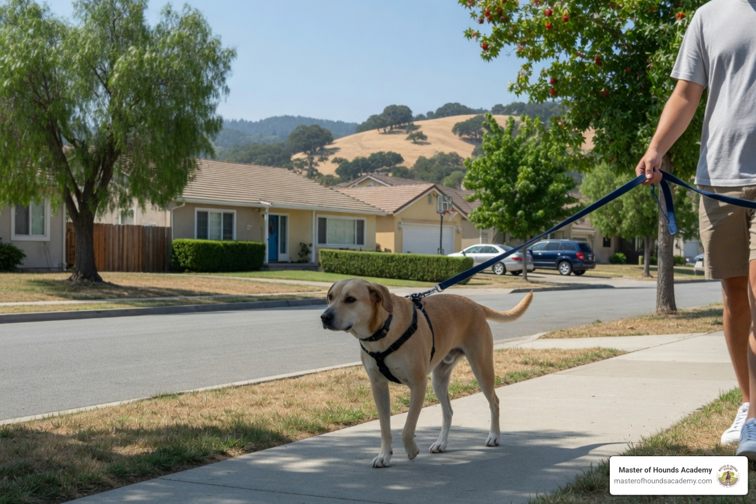 a dog pulling on it's harness with his owner, before entering a board and train program in a dog trainer's home