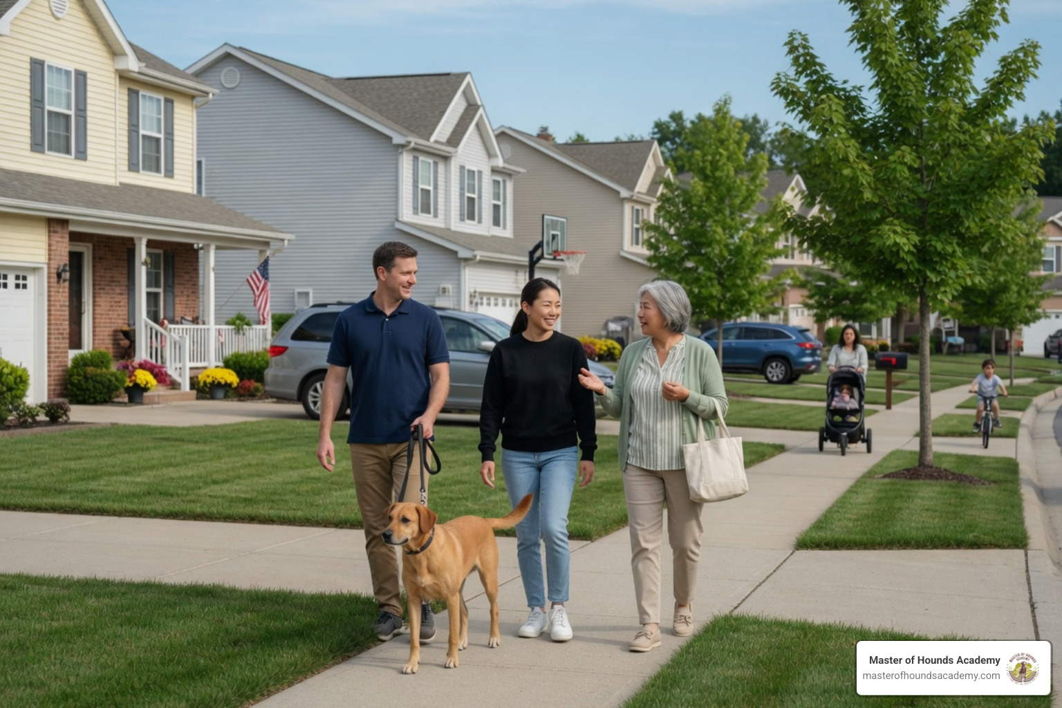 family walking dog on a loose leash outdoors family walking dog on a loose leash outdoors