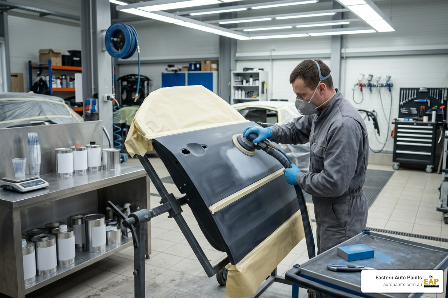 Professional automotive panel preparation before painting in a clean refinishing workshop