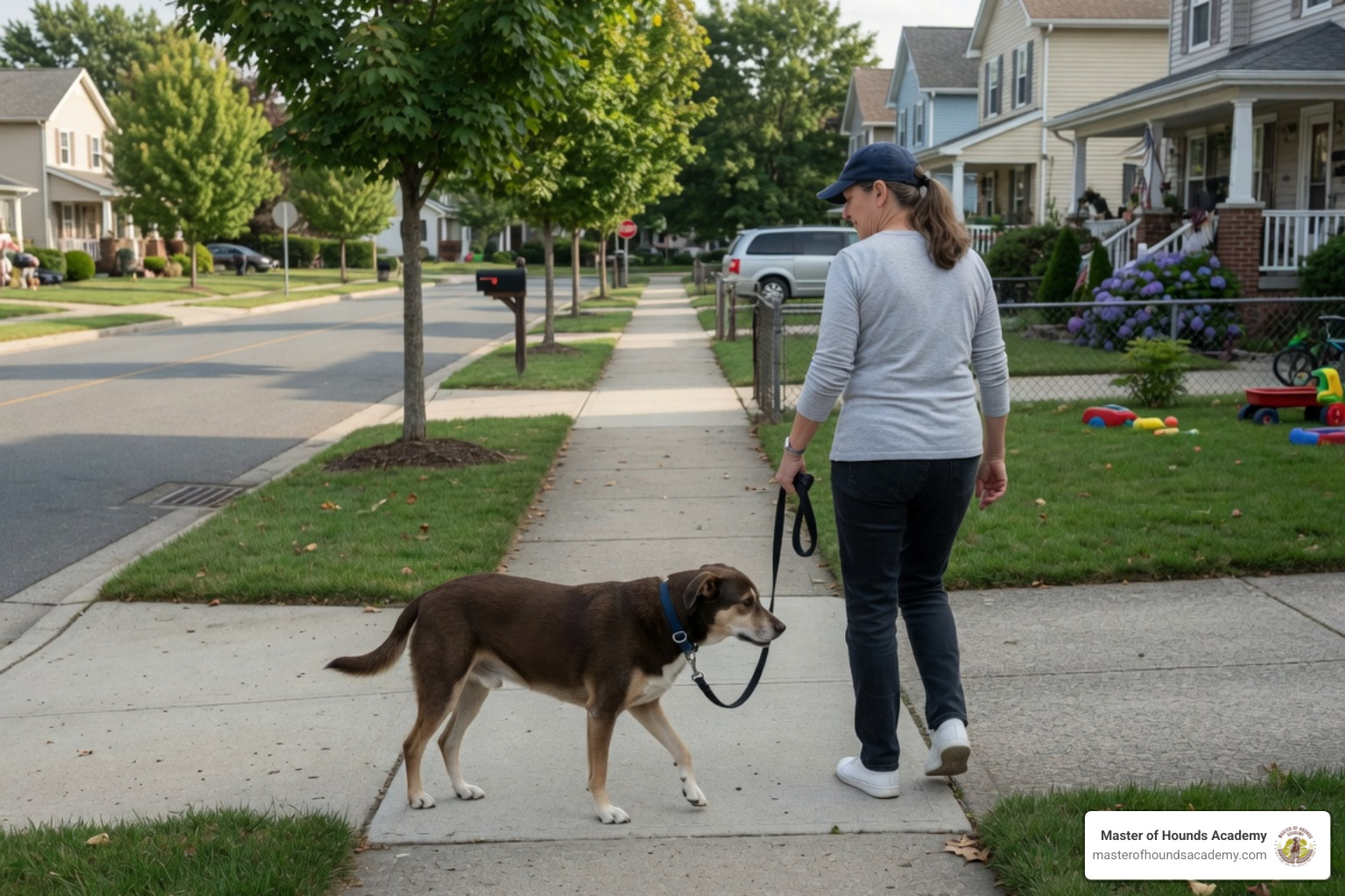 calm dog heel walking beside owners on a suburban sidewalk calm dog heel walking beside owners on a suburban sidewalk