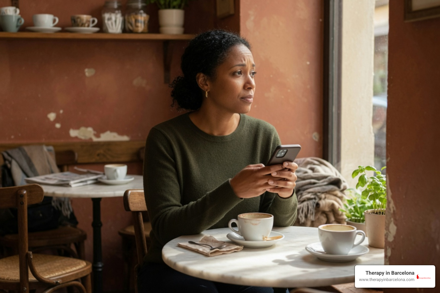 person sitting in cafe setting personal boundaries on phone person sitting in cafe setting personal boundaries on phone