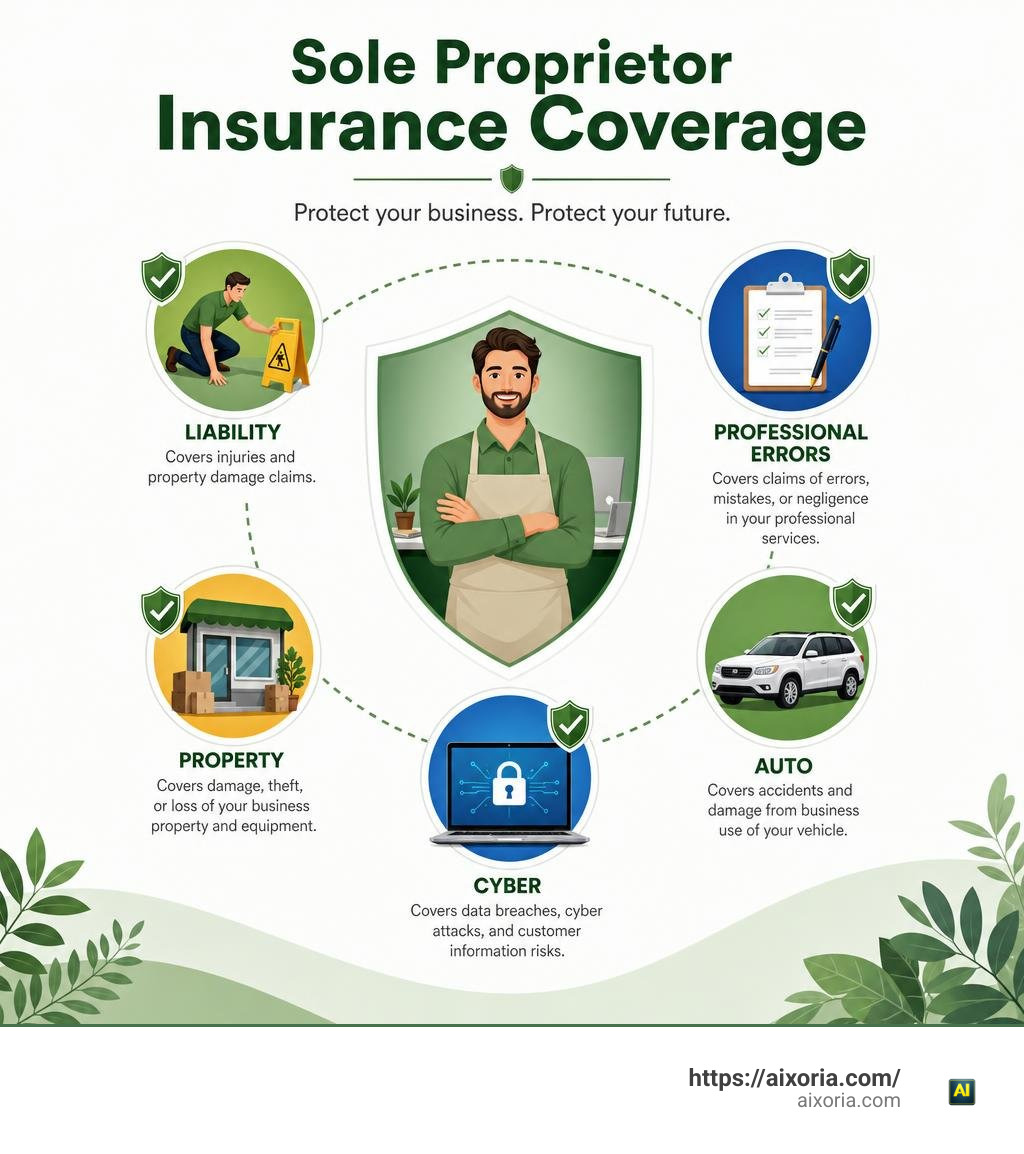 Sole proprietor insurance coverage: liability, professional errors, property, auto, and cyber infographic