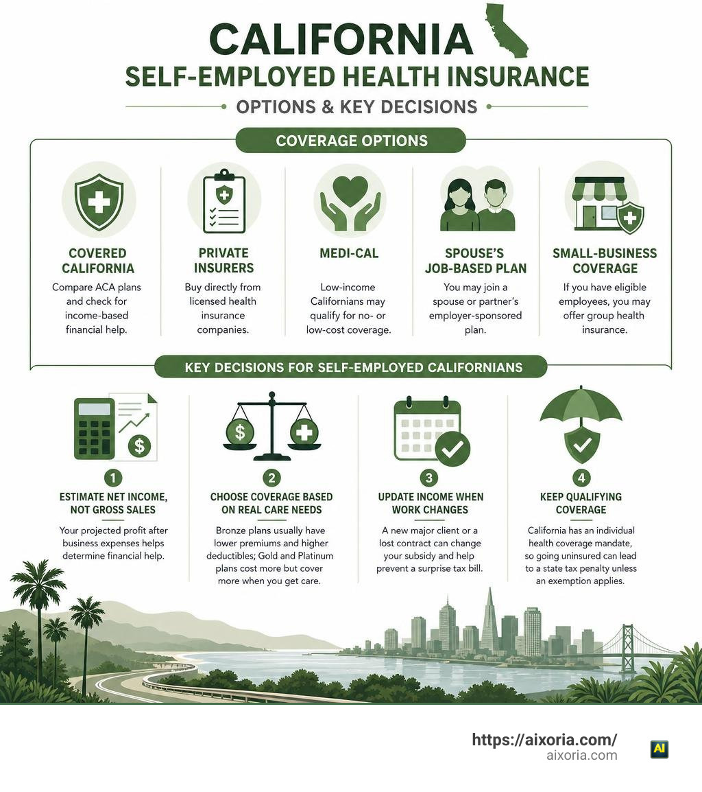 California self-employed health insurance options and key decisions infographic California self-employed health insurance options and key decisions infographic