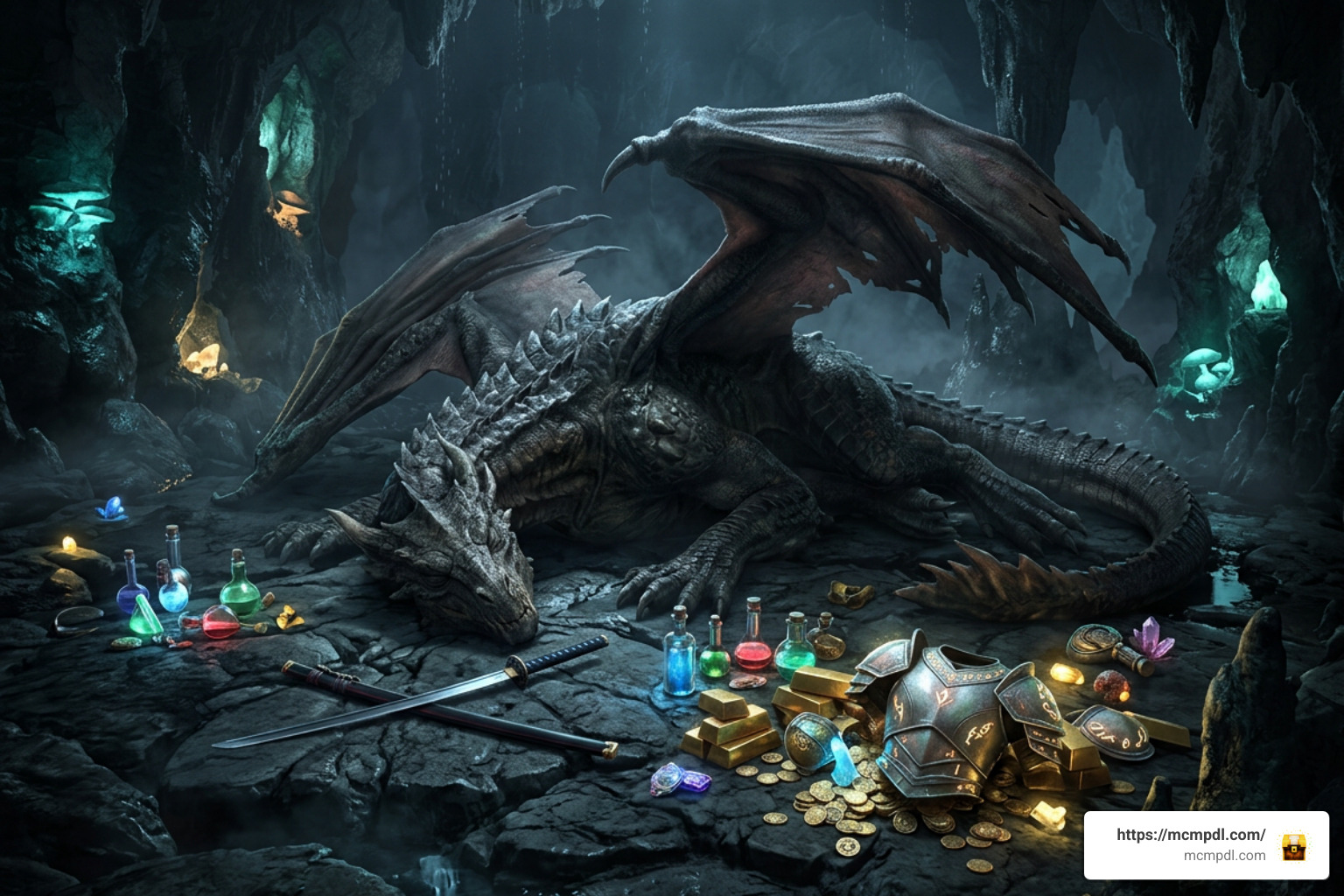 Defeated dimension boss surrounded by custom loot