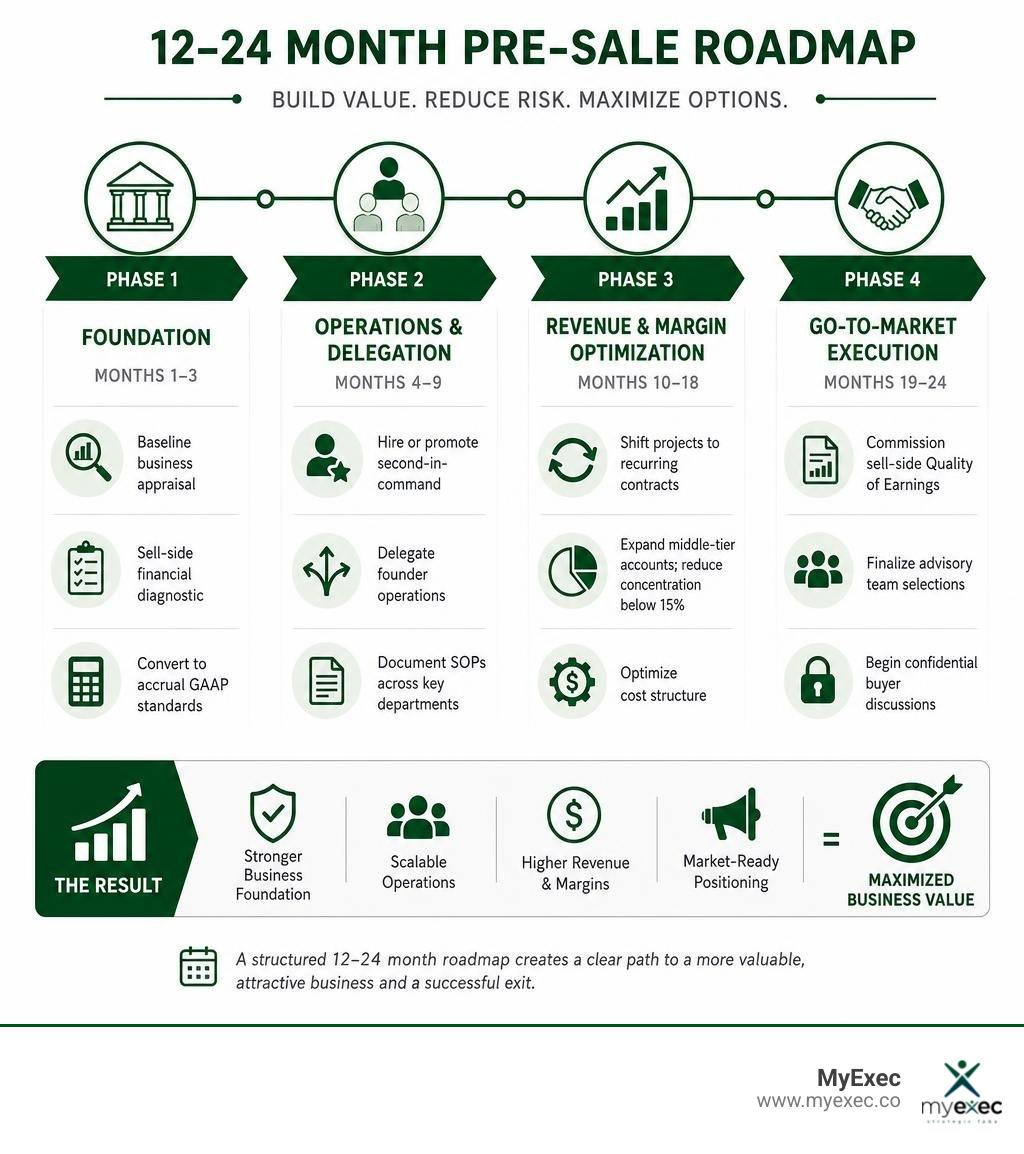 Cohesive 12 to 24 month pre-sale roadmap infographic showing foundation, operations and delegation, revenue and margin Cohesive 12 to 24 month pre-sale roadmap infographic showing foundation, operations and delegation, revenue and margin