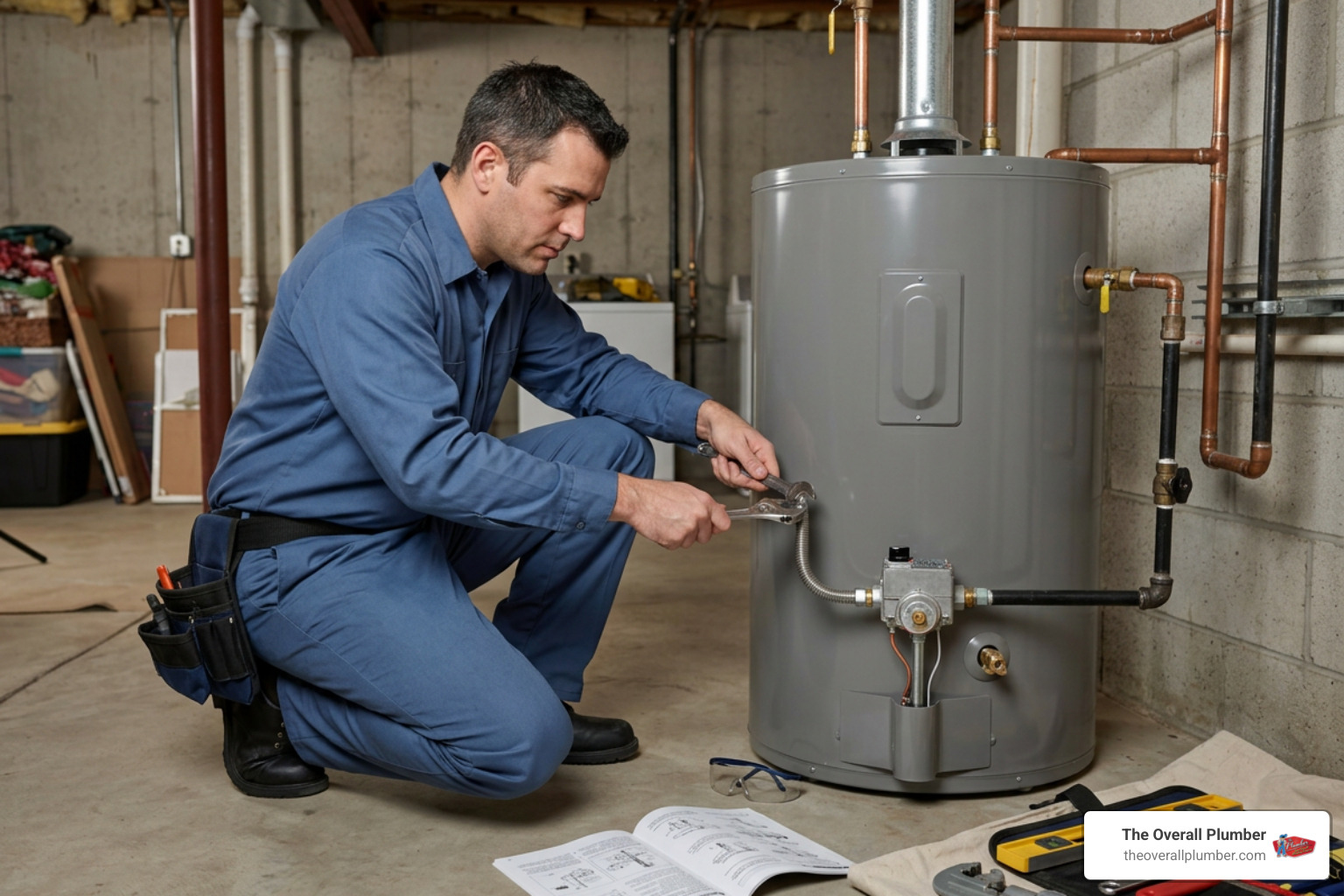 certified plumber installing a gas water heater