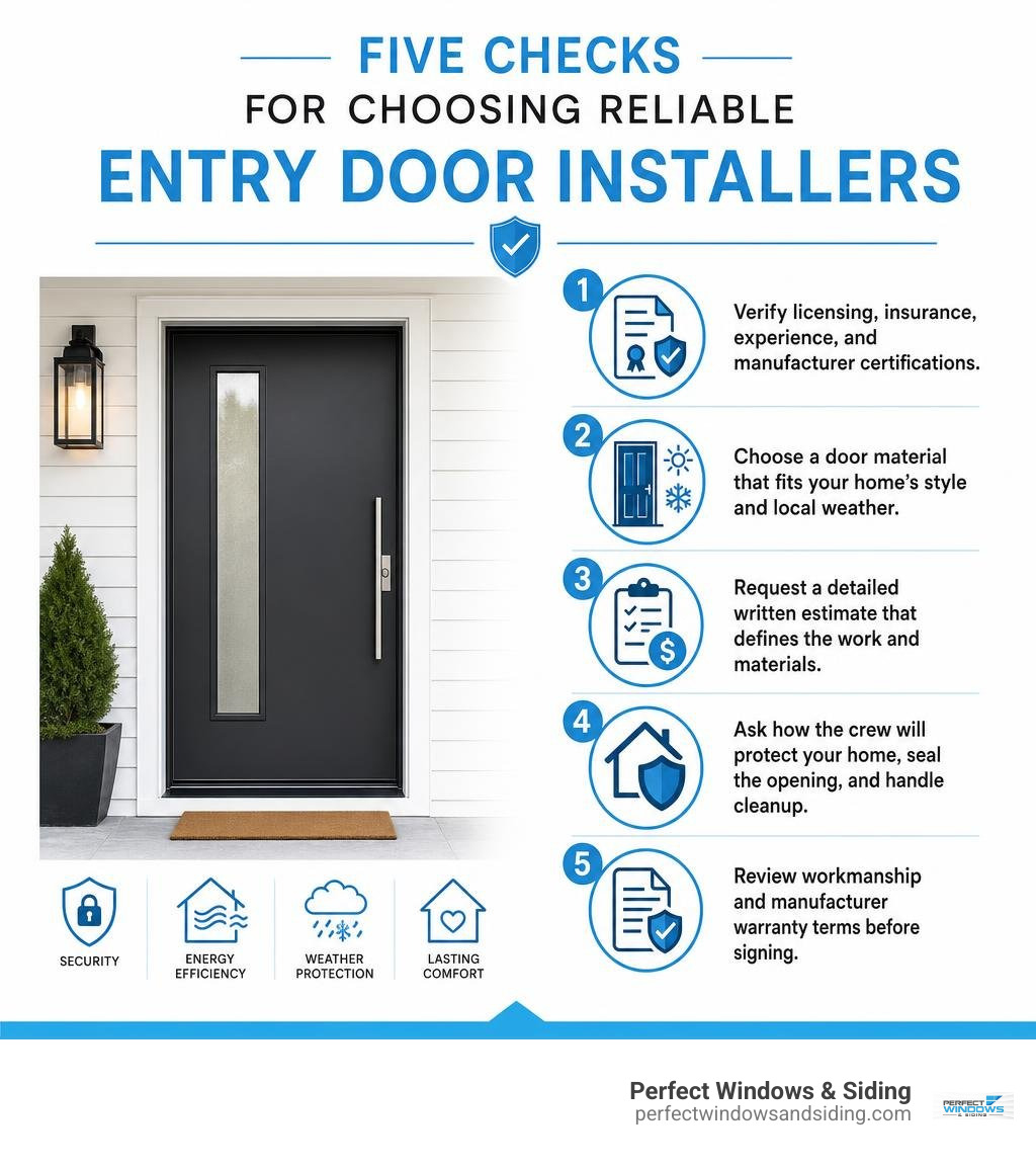 Five checks for choosing reliable entry door installers infographic Five checks for choosing reliable entry door installers infographic