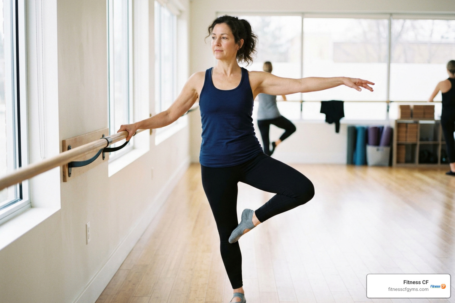 Participant performing balance and posture exercises at the barre Participant performing balance and posture exercises at the barre