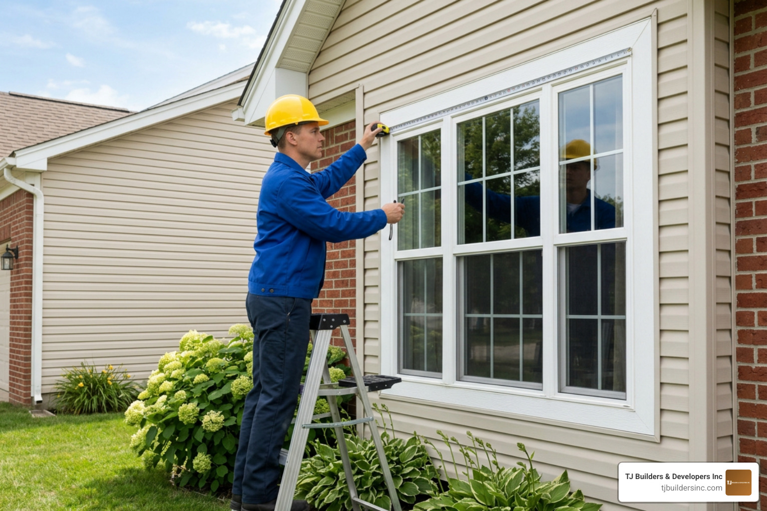 A technician measuring a window opening for proper fit A technician measuring a window opening for proper fit