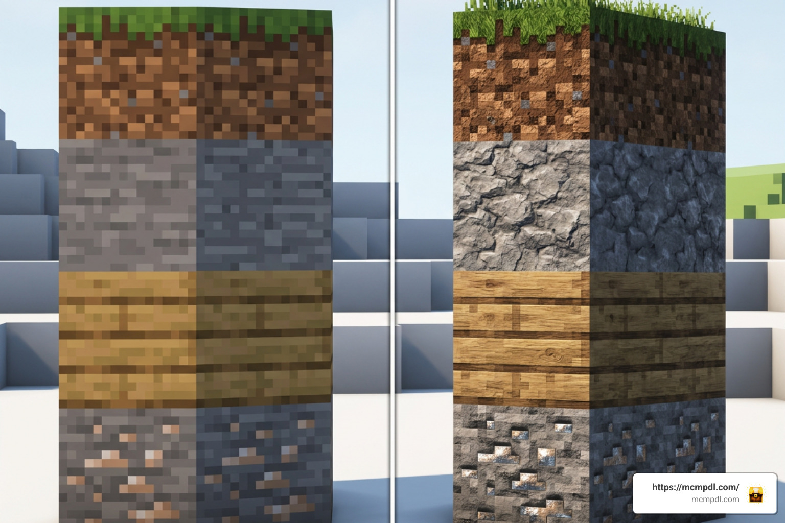 Minecraft Bedrock texture pack comparison showing default versus high definition blocks Minecraft Bedrock texture pack comparison showing default versus high definition blocks