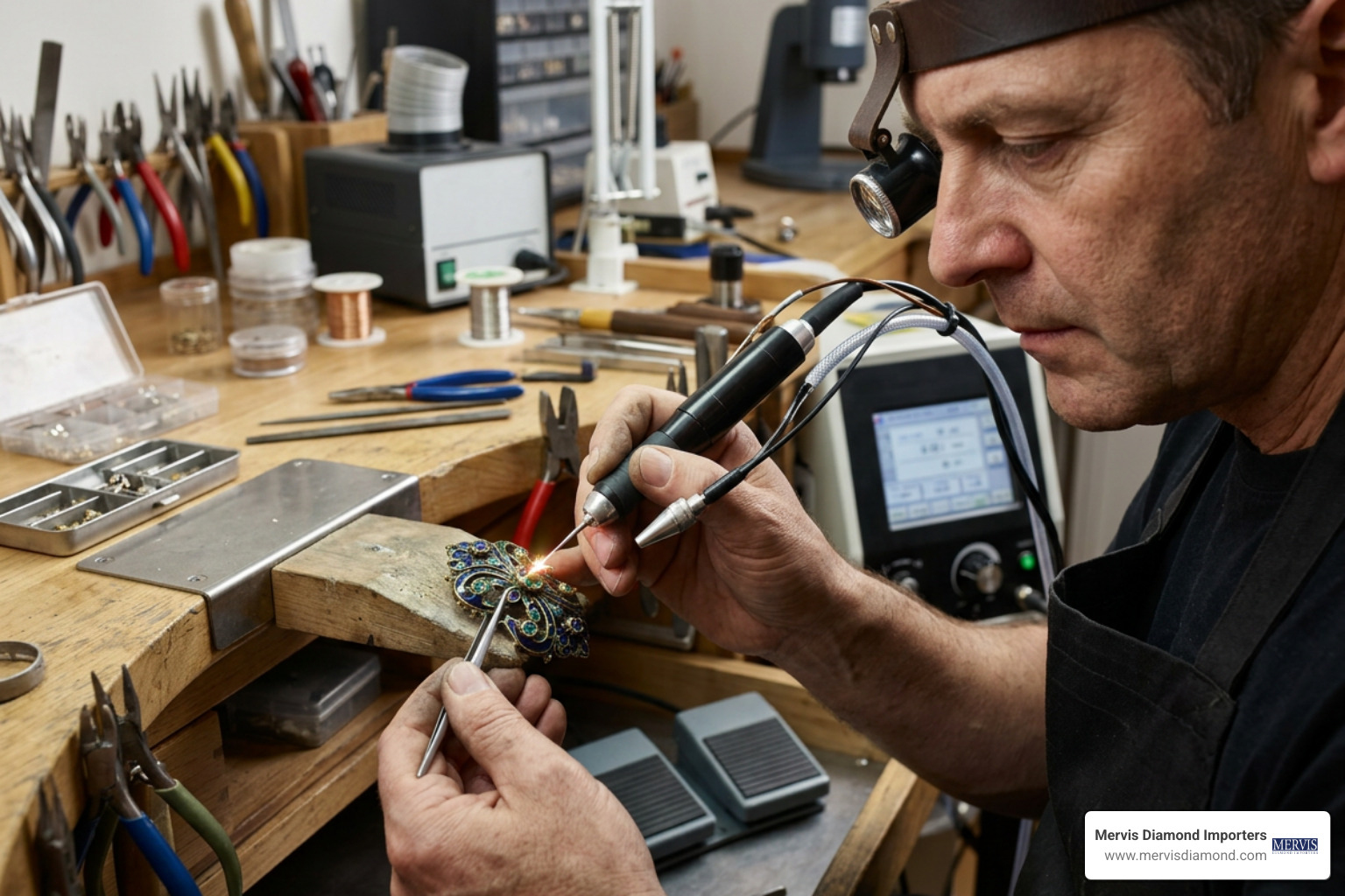 Bench jeweler performing laser welding repair on an enameled brooch