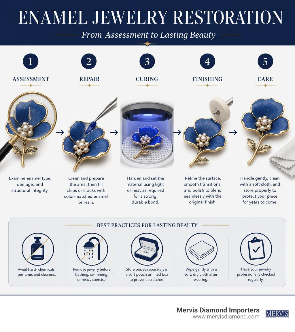 Enamel jewelry restoration from assessment through repair, curing, finishing, and care infographic