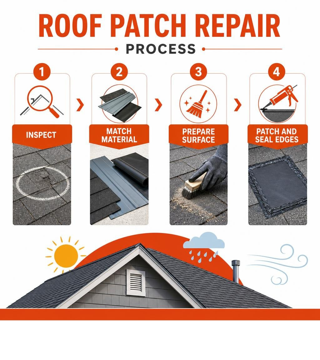 Roof patch repair process: inspect, match material, prepare surface, patch and seal edges infographic