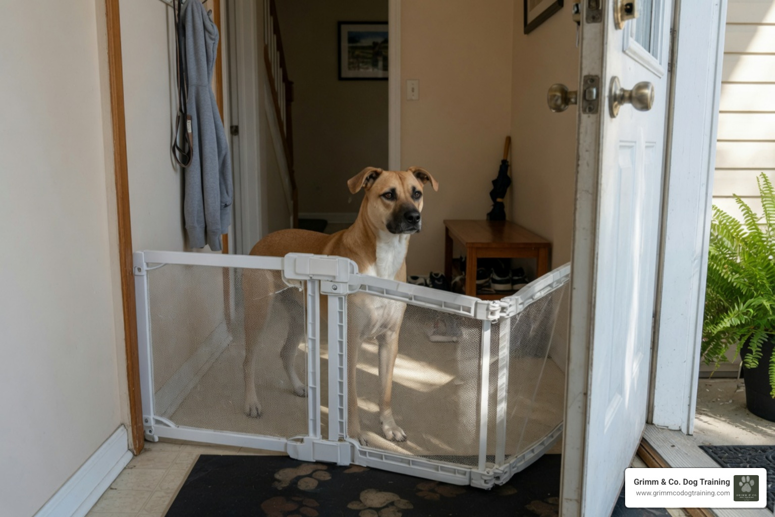 Dog behind a baby gate waiting calmly for guests
