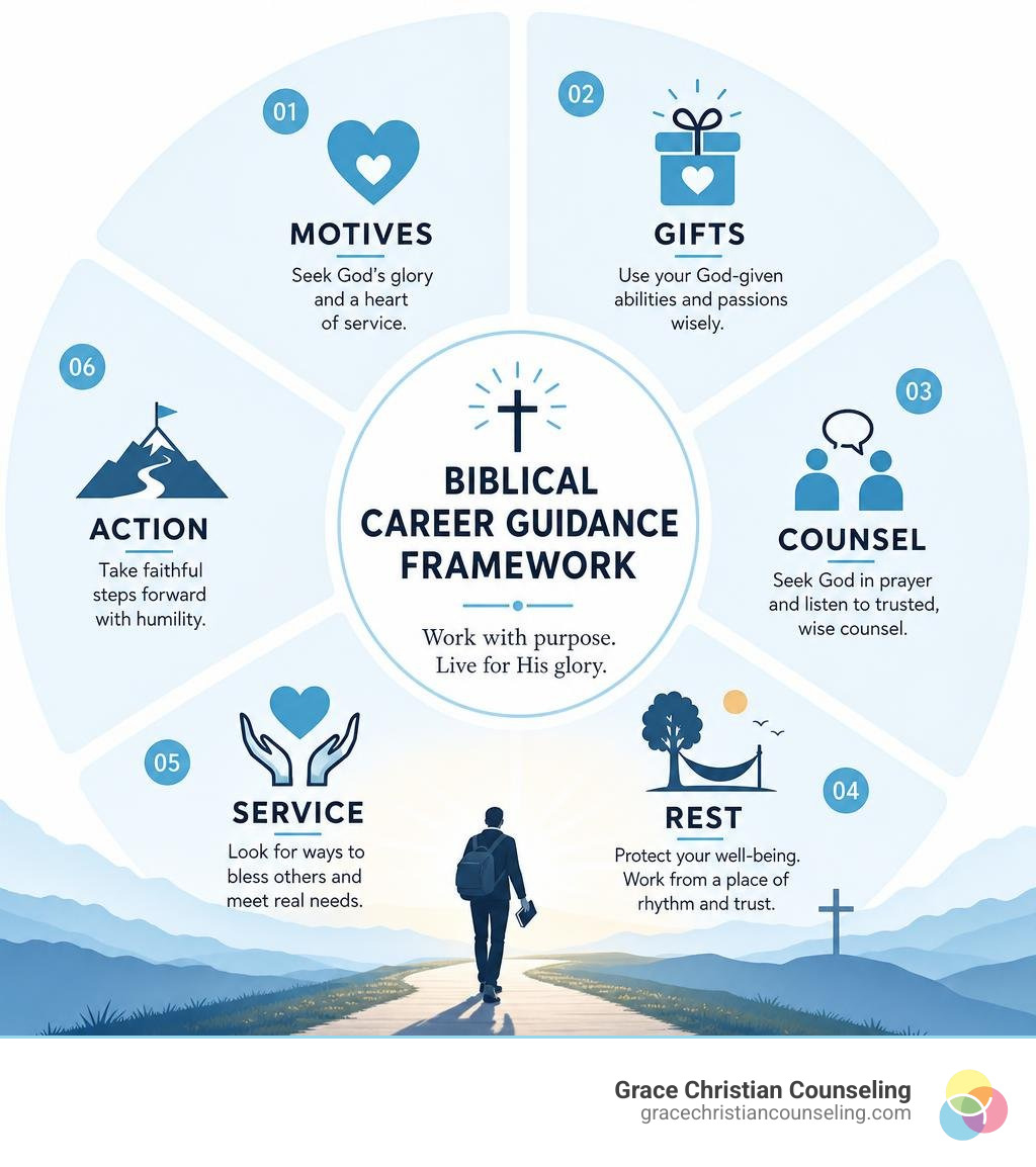 Biblical career guidance framework: motives, gifts, counsel, service, rest, and action infographic