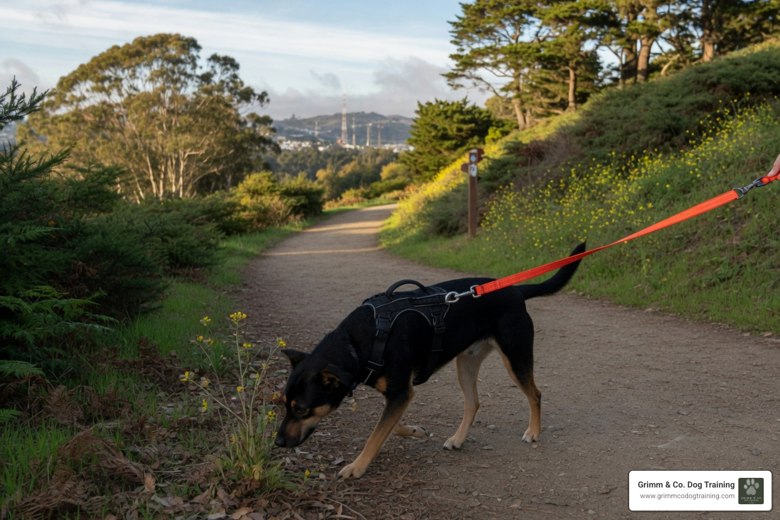 a dog searching an outdoor area on a biothane long line a dog searching an outdoor area on a biothane long line