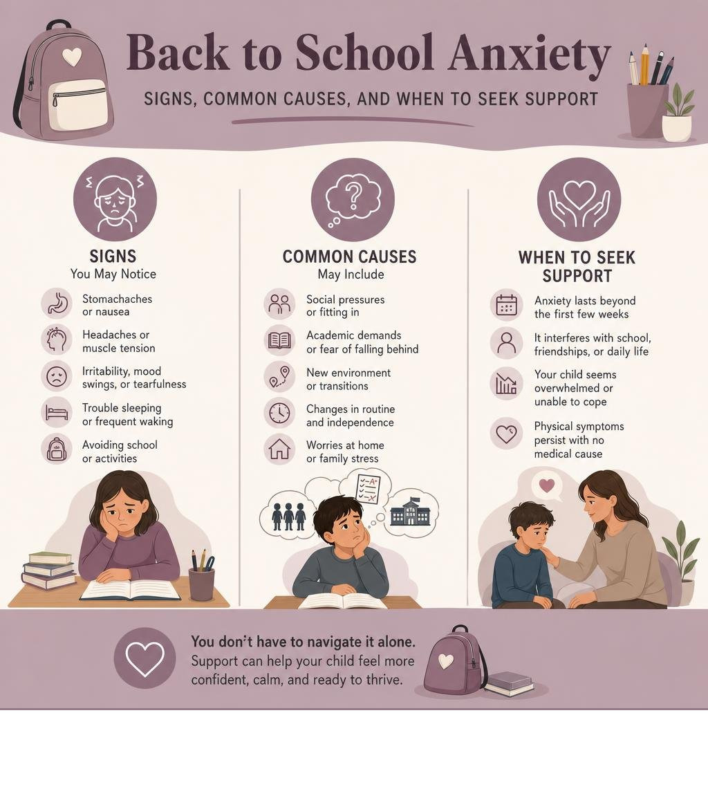 Back to school anxiety signs, common causes, and when to seek support infographic