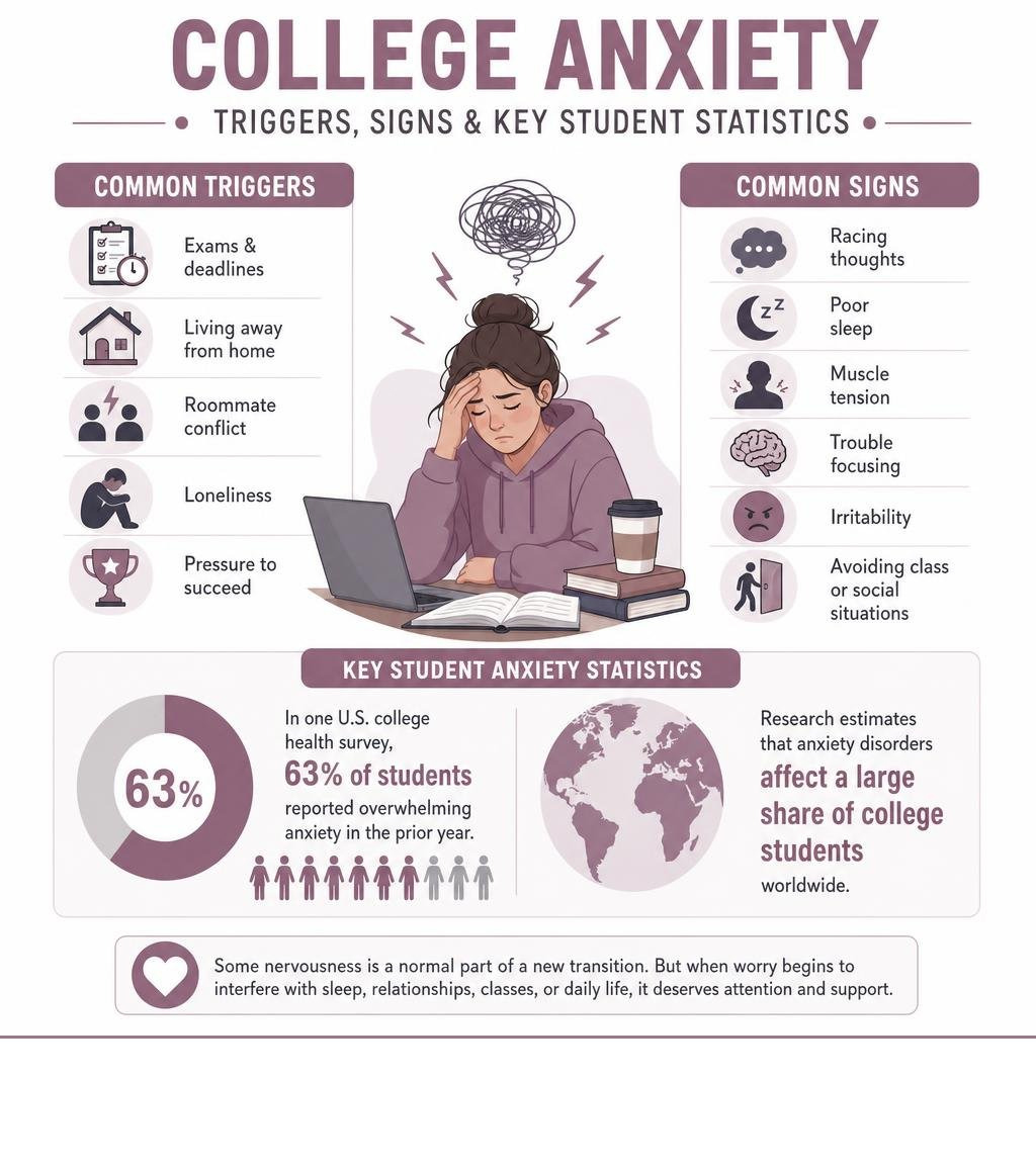 College anxiety triggers, signs, and key student anxiety statistics infographic